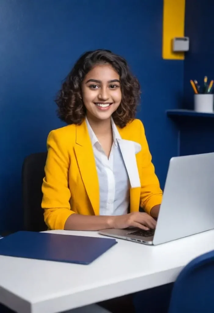 jeune femme souriante derrère son ordinateur
