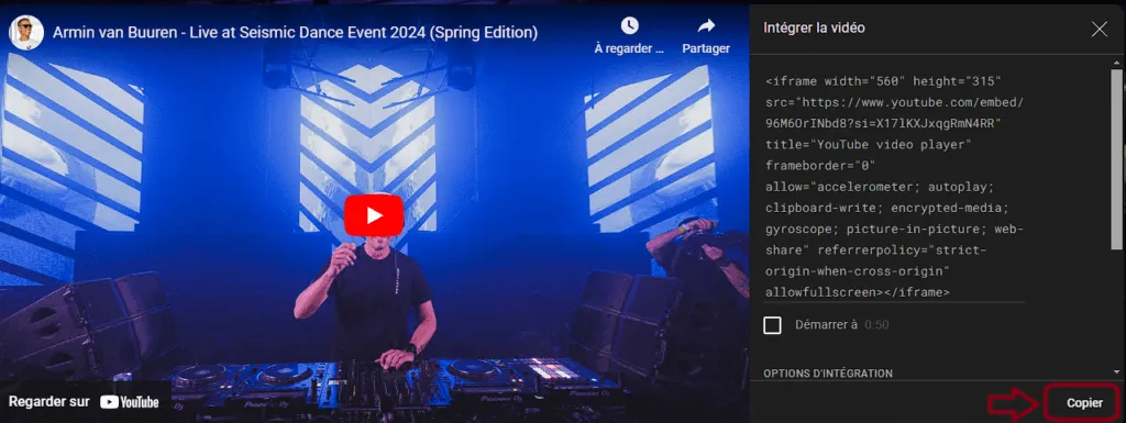 image avec code iframe youtube pour partage video