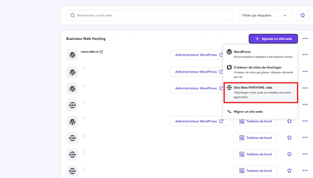 capture d'écran pour la migration wordpress