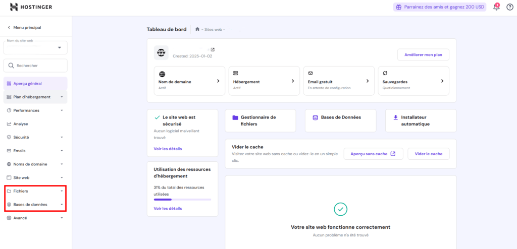 ecran pour la gestion des site web pour la migration