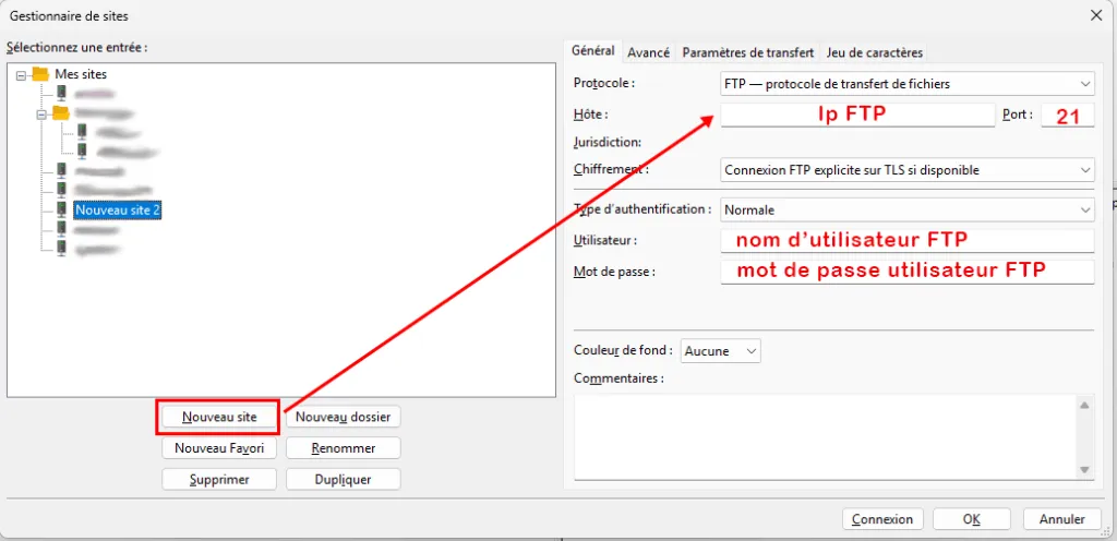 ajouter les identifiant dans filezilla 