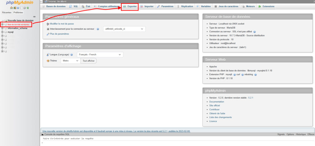 ecran phpmyadmin