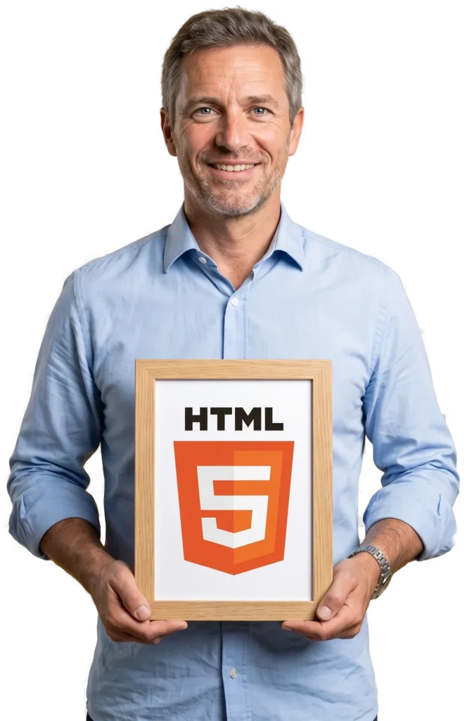 html-noucode homme debout souriant avec un tableau avec le logo html