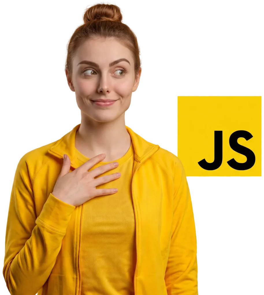 javascript jeune femme habillé en jaune qui apprend a coder en javascript