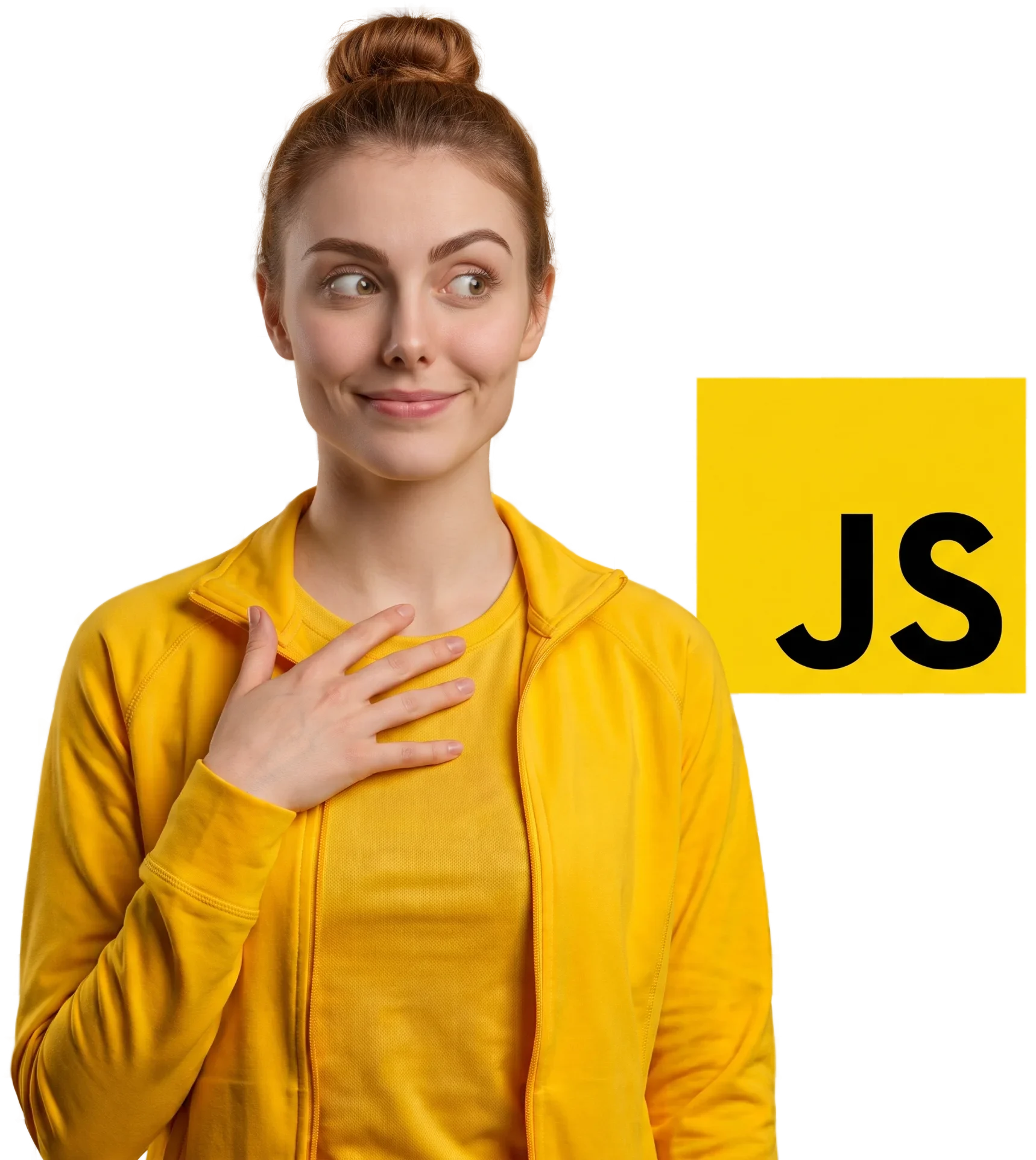 jeune femme habillé en jaune qui apprend a coder en javascript