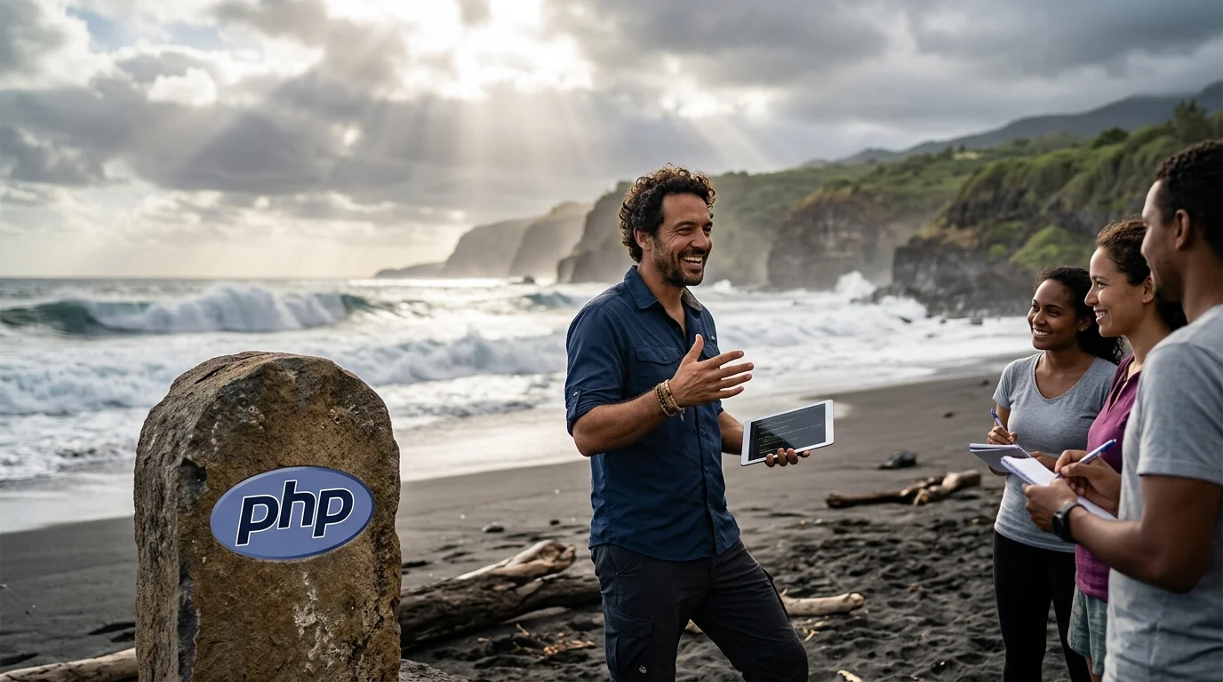 homme debout sur un plage de sable noir apprenat a ces eleves php et wordpress