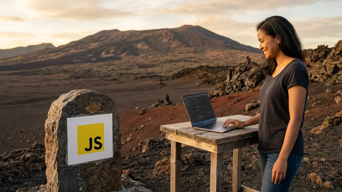 Développeuse créant des Web Components réutilisables en JavaScript sur son ordinateur portable dans un décor volcanique