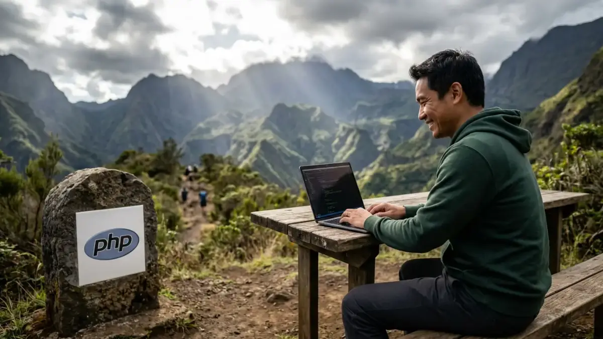 Développeur codant en PHP un point de terminaison REST personnalisé pour WordPress en pleine nature à La Réunion.