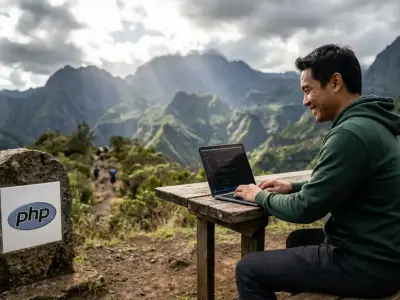 Développeur codant en PHP un point de terminaison REST personnalisé pour WordPress en pleine nature à La Réunion.