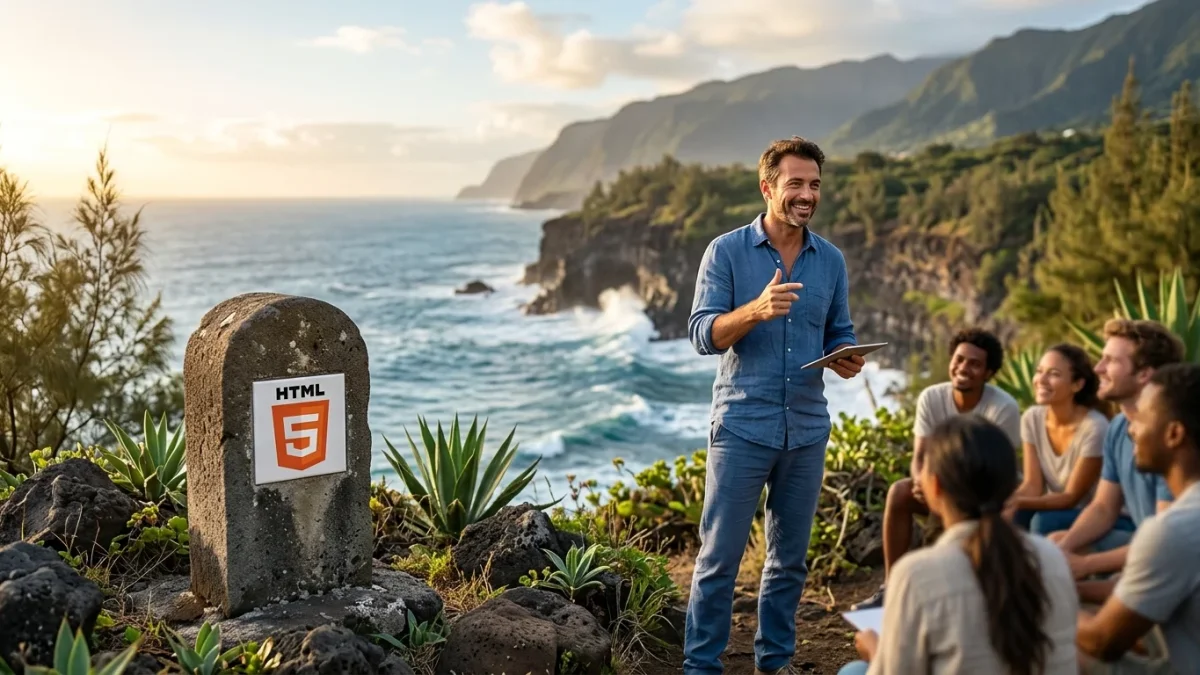 Formation aux balises sémantiques HTML5 près d'une borne pour optimiser le SEO et l'accessibilité web.