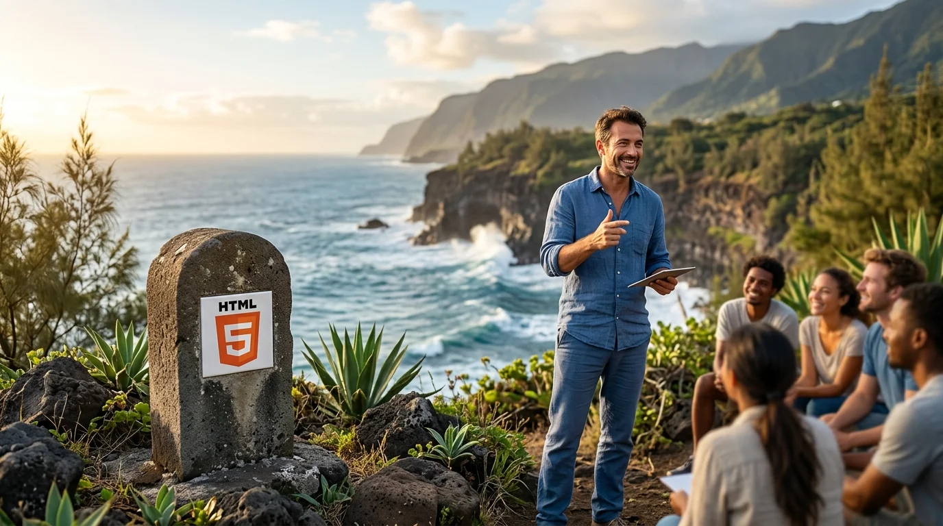 Formation aux balises sémantiques HTML5 près d'une borne pour optimiser le SEO et l'accessibilité web.