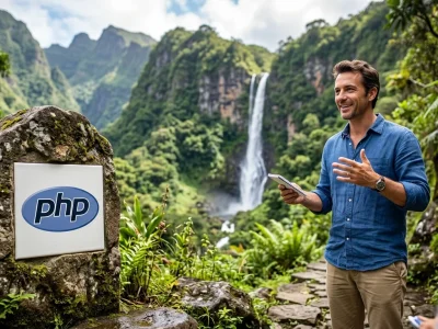 Borne avec logo PHP et formateur illustrant les bonnes pratiques pour gérer des uploads de fichiers sécurisés en PHP.
