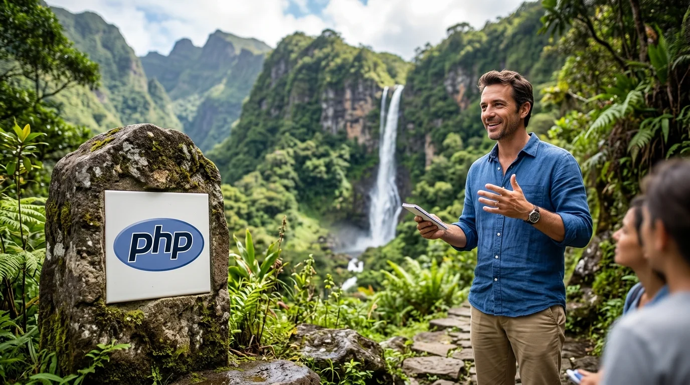 Borne avec logo PHP et formateur illustrant les bonnes pratiques pour gérer des uploads de fichiers sécurisés en PHP.