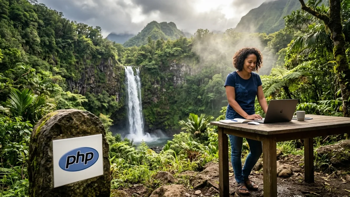 Développeuse manipulant des fichiers CSV en PHP sur ordinateur portable avec le logo PHP dans un décor tropical.