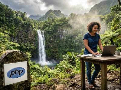 Développeuse manipulant des fichiers CSV en PHP sur ordinateur portable avec le logo PHP dans un décor tropical.