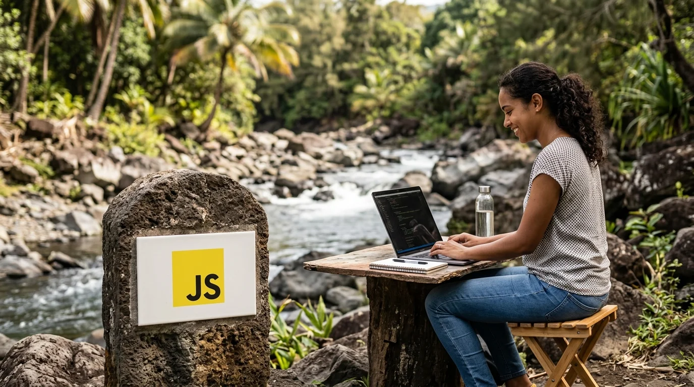 Développeuse travaillant sur son code avec le logo JS pour le débogage JavaScript via les outils du navigateur