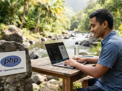 Développeur écrivant du code PHP personnalisé pour WordPress sur son ordinateur portable dans un cadre naturel