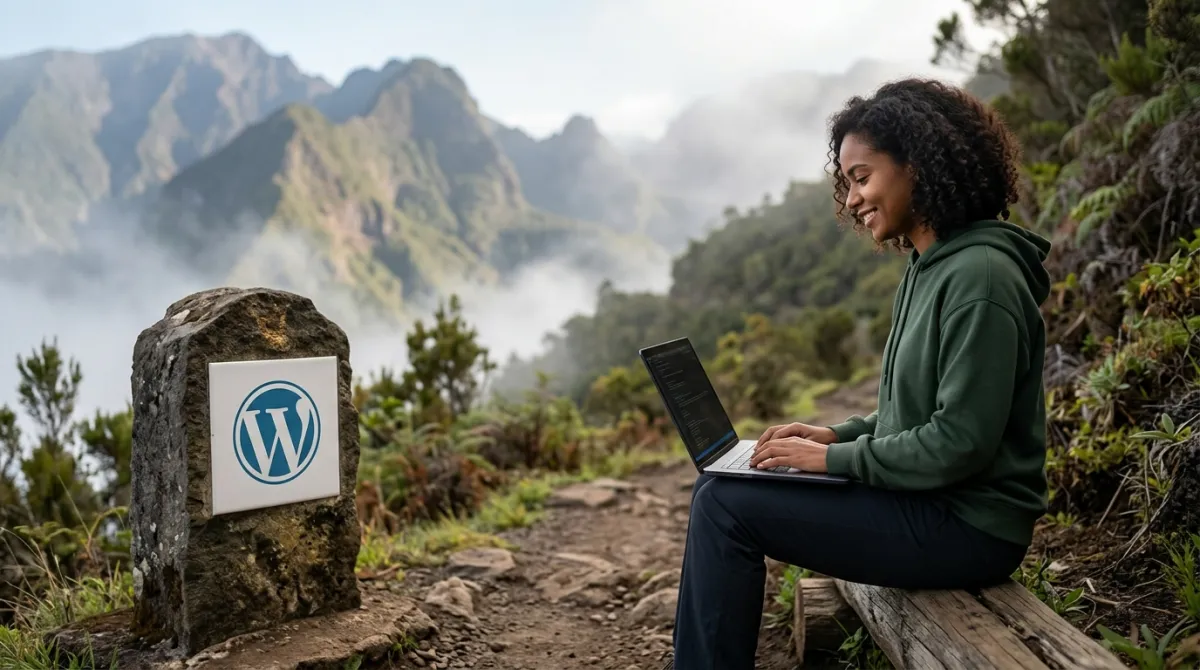 Développeuse codant des conditional tags WordPress sur ordinateur près d'une borne balisée en pleine montagne.