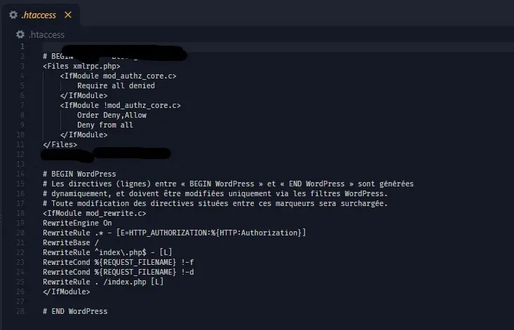 capture d'ecran d'un fichier htaccess sur une installation wordpress