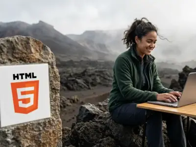 Développeuse configurant des redirections SEO sur ordinateur portable à côté d'une borne portant le logo HTML5.