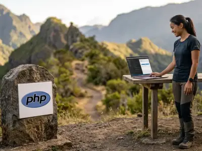 Développeuse devant le logo PHP sécurisant ses mots de passe avec les variables d'environnement sur son ordinateur