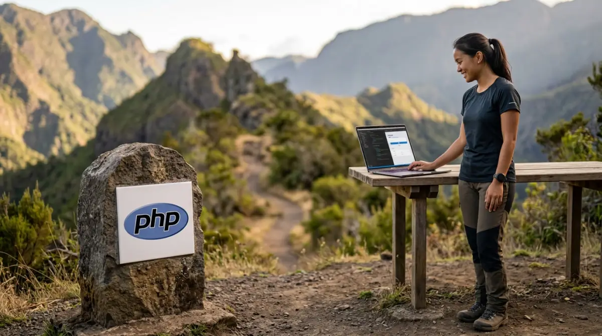 Développeuse devant le logo PHP sécurisant ses mots de passe avec les variables d'environnement sur son ordinateur